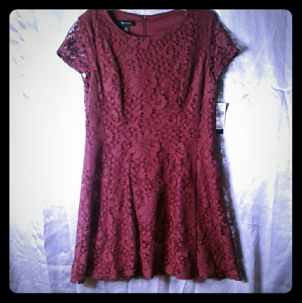 NWT Dark Red Fully Lined Lace Mini Skater Dress